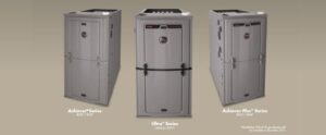 Three residential furnace units displayed side by side: Achiever Series, Ultra Series, and Achiever Plus Series models.