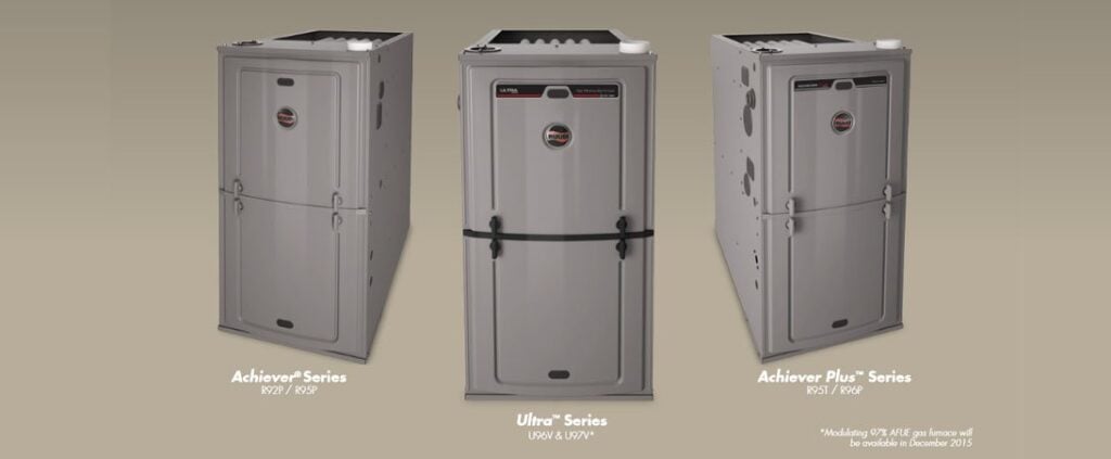 Three residential furnace units displayed side by side: Achiever Series, Ultra Series, and Achiever Plus Series models.