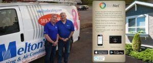 Two HVAC technicians in blue Melton's uniforms stand in front of service van with EcoNet smart thermostat information displayed.