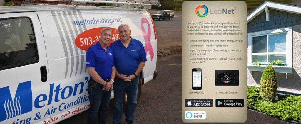 Two HVAC technicians in blue Melton's uniforms stand in front of service van with EcoNet smart thermostat information displayed.