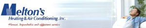 Melton's Heating & Air Conditioning Inc logo with tagline 'Honest, dependable and efficient service' and man looking at ceiling.