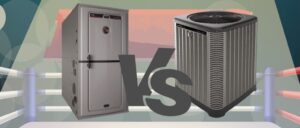 Furnace unit on left compared with air conditioning condenser unit on right with large 'vs' symbol between them.