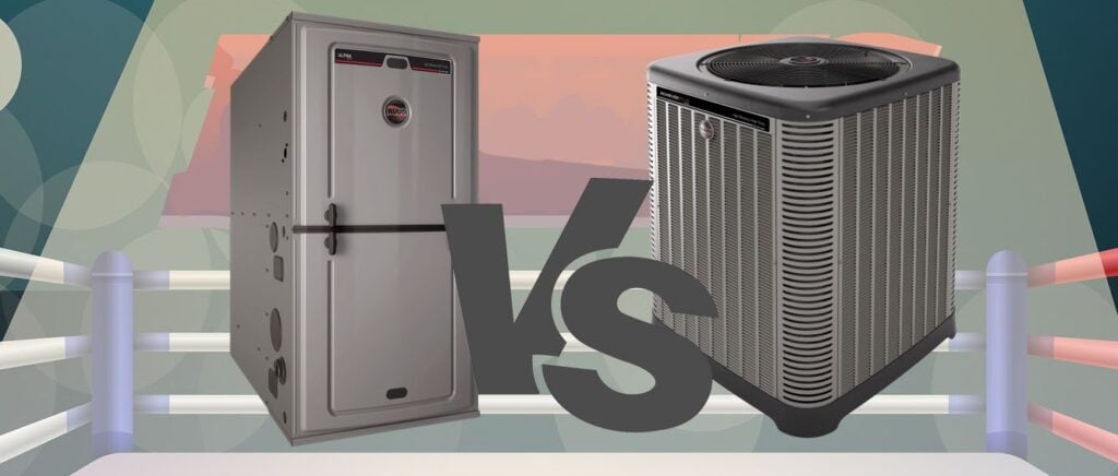 Furnace unit on left compared with air conditioning condenser unit on right with large 'vs' symbol between them.