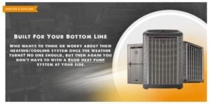 Ruud heat pump outdoor and indoor units displayed with text about heating and cooling system benefits.