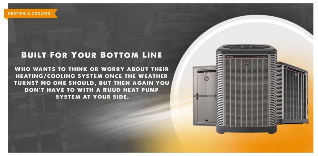 Ruud heat pump outdoor and indoor units displayed with text about heating and cooling system benefits.