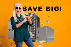 Woman holding cash next to HVAC heat pump units with flying dollar bills on yellow background with 'Save Big!' text.