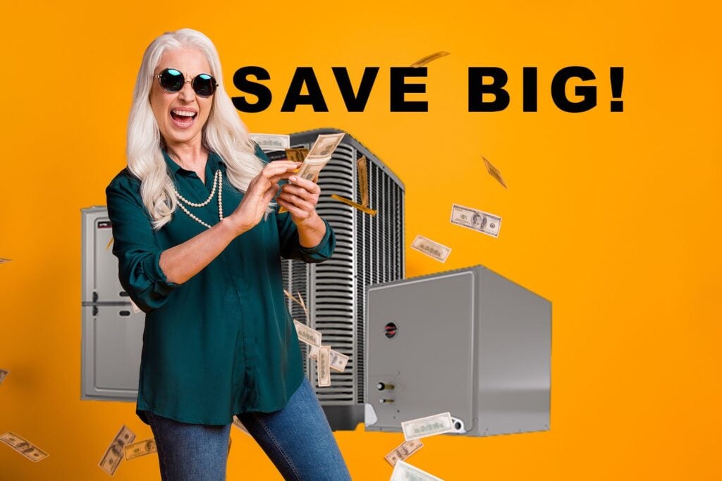 Woman holding cash next to HVAC heat pump units with flying dollar bills on yellow background with 'Save Big!' text.