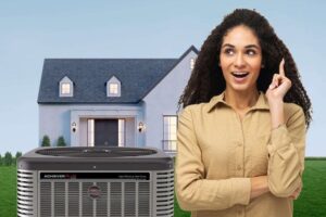 Woman in beige shirt pointing upward next to residential home and HVAC air conditioning unit on green lawn.
