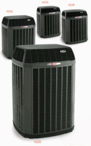 Four central air conditioning units labeled XL16i, XL15i, XL14i, and XL20i displayed against white background.