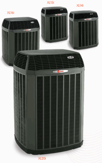 Four central air conditioning units labeled XL16i, XL15i, XL14i, and XL20i displayed against white background.