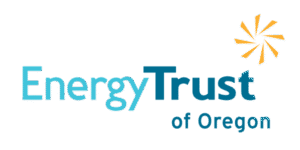 Energy Trust of Oregon logo featuring cyan and teal text with an orange starburst symbol above.