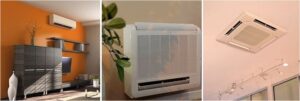 Three ductless air conditioning units shown: wall-mounted, window-mounted, and ceiling-mounted indoor units for home climate control.