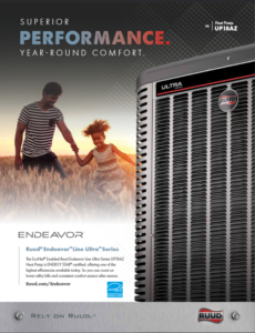Family running in field with Ruud Endeavor Line Ultra Series heat pump unit showcasing superior performance and year-round comfort.