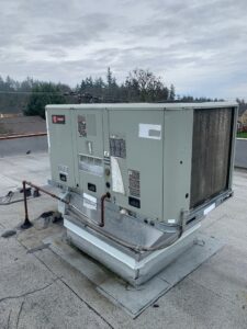 Sage green rooftop HVAC equipment unit mounted on concrete pad with metal piping and connections visible against cloudy sky.