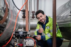 Male technician in high-visibility safety gear gives thumbs up while holding clipboard near industrial pipes and equipment.