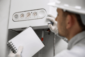 Heating technician in white gloves adjusts controls on a wall-mounted boiler unit while referencing documentation.