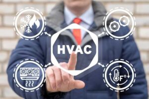Professional businessman pointing to HVAC system diagram with icons for heating, cooling, ventilation, and temperature control.