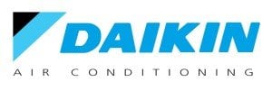 Daikin Air Conditioning logo featuring blue diagonal stripe and company name in bold blue text.