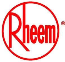 Rheem registered trademark logo featuring red circular design with white center and stylized text.