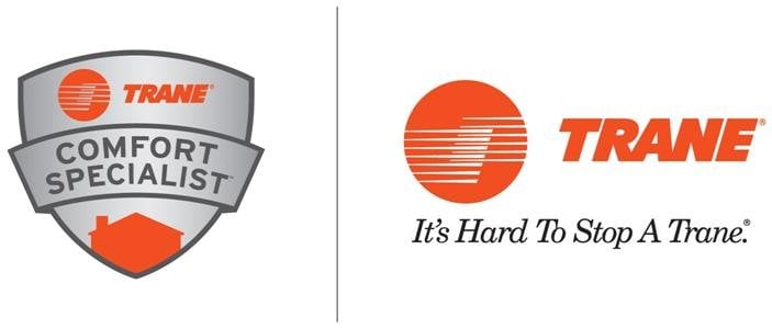 Trane Comfort Specialist certification badge and company logo with tagline 'It's Hard To Stop A Trane.'