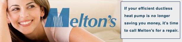 Smiling woman with Melton's logo and text about ductless heat pump repair and maintenance savings.