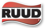 RUUD brand logo featuring red curved design elements and black text on white background.